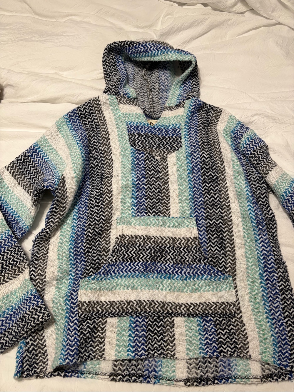 Striped Hooded Baja Pullover Sweatshirt in Black, White & Blue